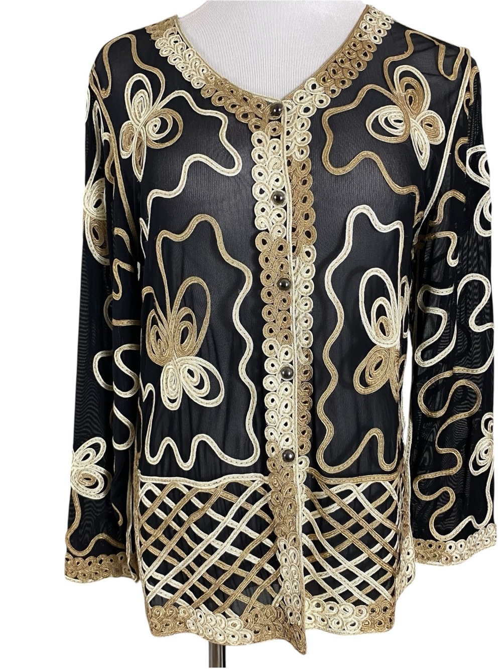 Betas Choice Womens Blouse Topper Size M Black Tan Soutache Sheer Mesh Artsy